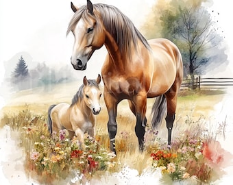 水彩画風の馬のイラストクリップアート、馬のウォールアート（デジタル