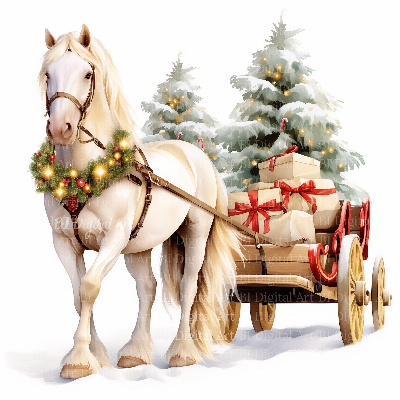 Watercolor Horse Sleigh Clip Art – Winter Christmas Landscape (digital ...