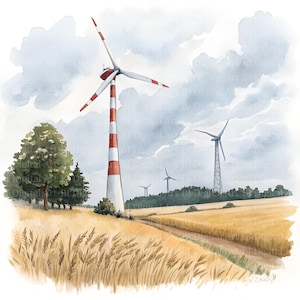 Windkraftanlagen Clipart, 8 Erneuerbare Energien Aquarell-Illustrationen, Druckbare Windräder JPG, Nachhaltigkeit Design, Digitaler Download