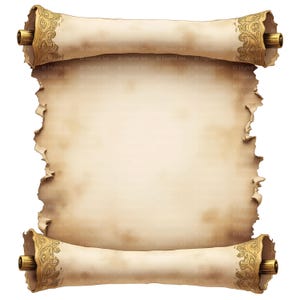 May include: A parchment scroll with ornate gold detailing on the ends. The paper has a weathered, aged appearance with torn edges, suggesting an antique or historical theme. The scroll is unrolled, ready for text.