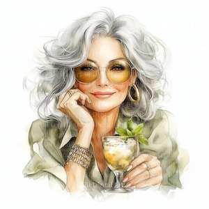 10 Funny Older Woman drinking Cocktail Clipart in Boho Style, Grandma and Cocktail, Printable Watercolor, Digital Download JPG, Junk Journal