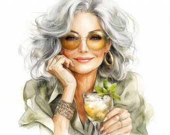 Boho Older Woman Watercolor Clipart, Cocktail Art (Digital Download)