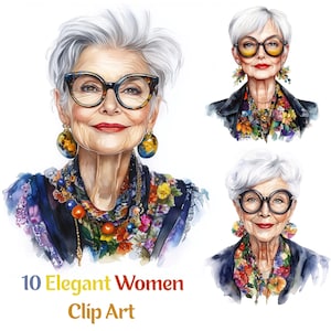 Maximum Chic – 10 stijlvolle, elegante oudere dames | Clipart, afdrukbare aquarel, digitale download, hoogwaardige JPG-indeling, junk journal