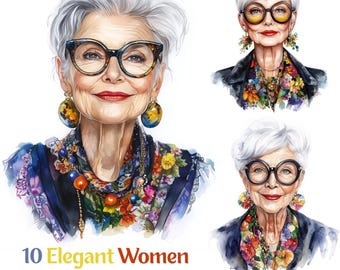Maximal Chic – 10 Elegant - Stylish Older Ladies, Watercolor Clipart, Printable Art, Digital Download, High-Quality JPG Files, Junk Journal