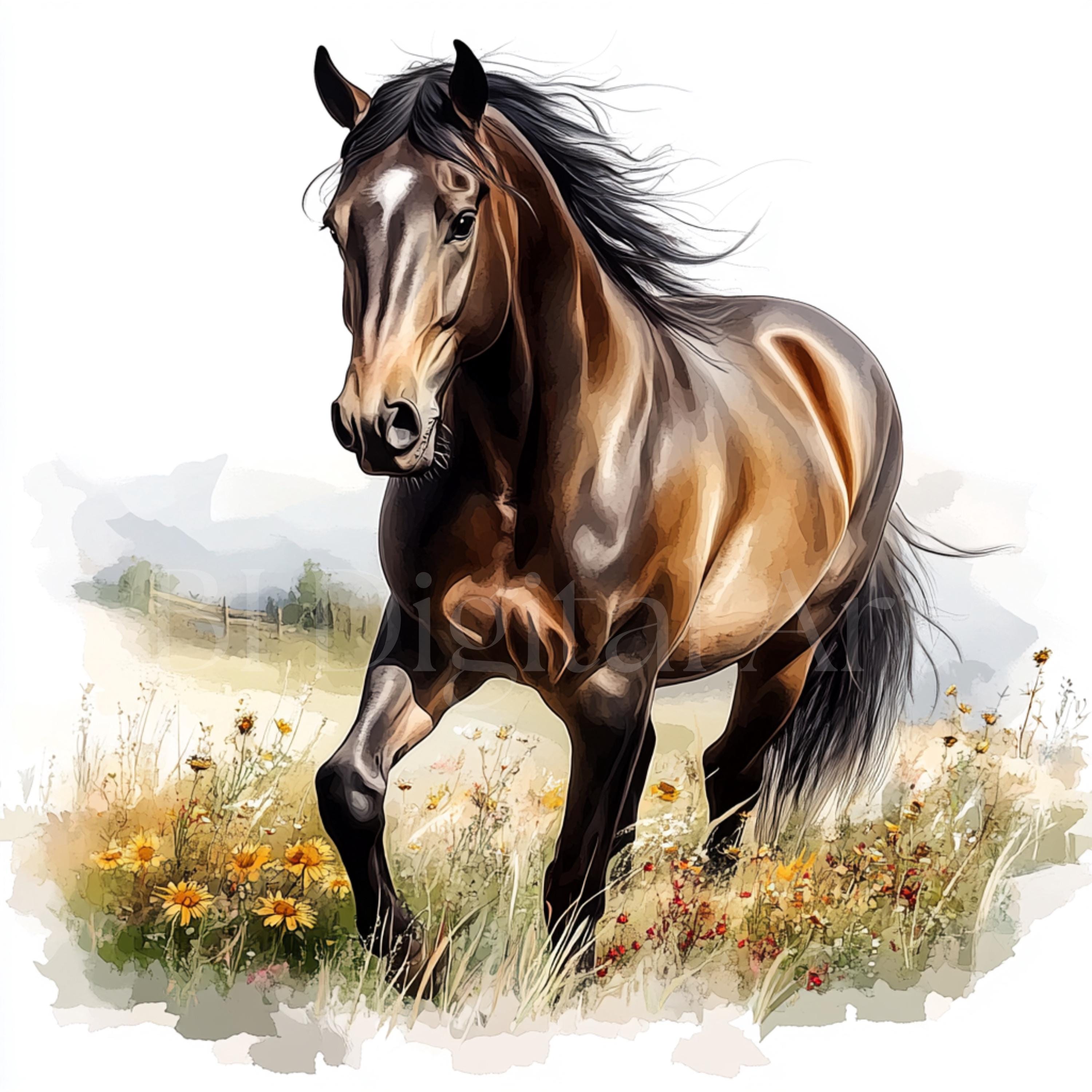 水彩画風の馬のイラストクリップアート、馬のウォールアート（デジタル