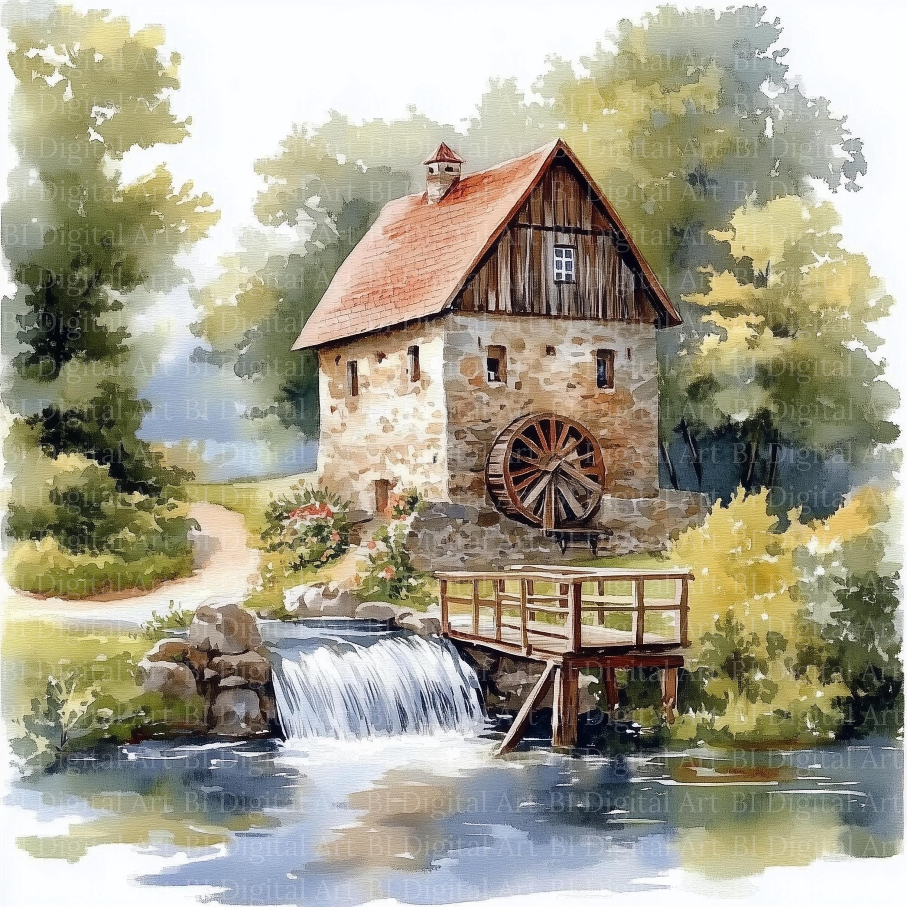 水彩画風水車小屋のクリップアート、風景イラスト（デジタル