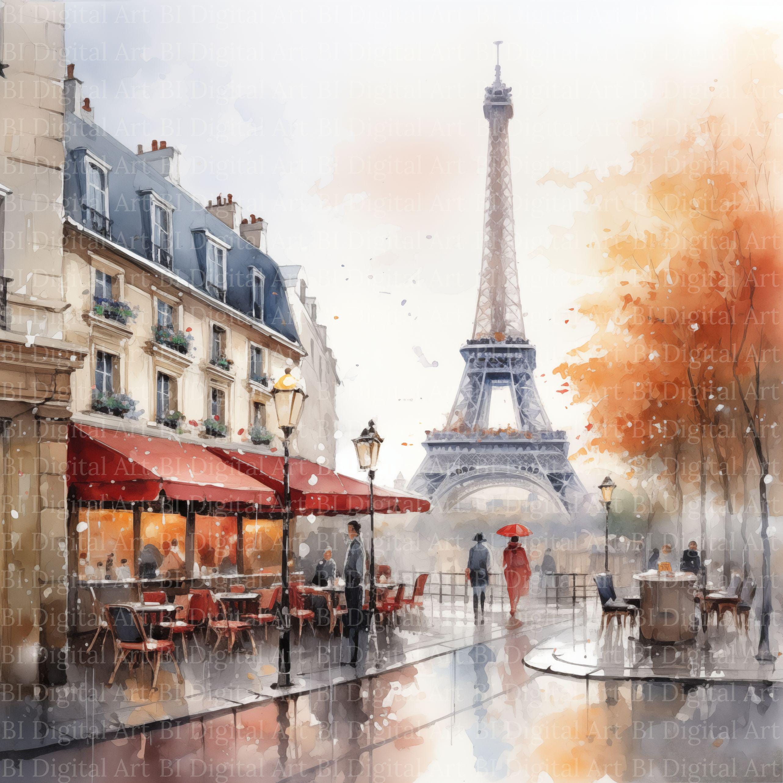 パリの雨の水彩画クリップアート、エッフェル塔、カフェの風景