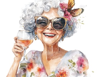 Funny Grandma Drinking Wine Clipart, Boho Watercolor (Digital Download)
