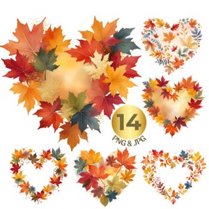 May include: A collection of heart-shaped designs featuring colorful autumn leaves in shades of red, orange, yellow, and green. A gold circle with the number 14 and the text "PNG & JPG" is also present.