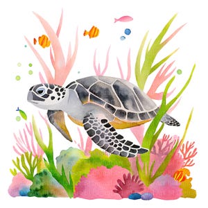 Tortuga marina colorida en acuarela, ilustración submarina con corales y peces, PNG | JPG, descarga digital, diseño de sublimación