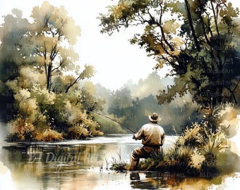 Watercolor Fishing Landscape Clipart – River & Lake Scenes (Digital Download)