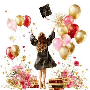 10 clipart di laurea - con cappello in aria, design per diploma di scuola superiore e università, acquerello stampabile, JPG ad alta risoluzione, download digitale, diario spazzatura