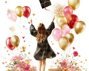 May include: Illustration of a graduate in a black gown throwing a graduation cap into the air, surrounded by gold, pink, and red balloons. Flowers and books are at the bottom. The image has the text "BI Digital Art".