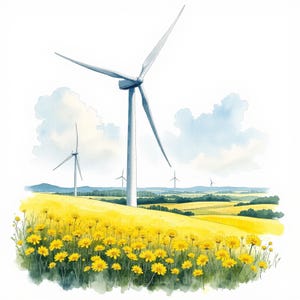 10 Windkraftanlagen Cliparts – Windräder mit Rapsfeld, Erneuerbare Energien, Aquarell-Design, Nachhaltigkeit, JPG-Digitaler Download