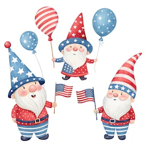 10 Patriotische Gnome Cliparts – Cartoon-Illustrationen, druckbare Aquarell-Dateien für den 4. Juli, hochauflösende JPGs, digitaler Download
