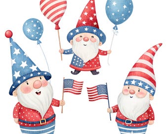 Clipart di gnomi patriottici – Illustrazioni ad acquerello per il 4 luglio (Download digitale)