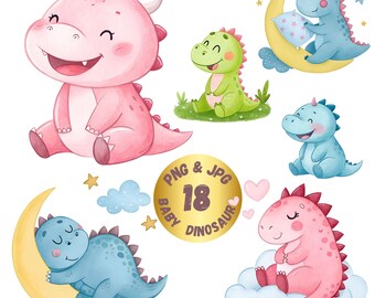 18 dinosaurieklipp, söta dinosaurieillustrationer, akvarell dinosauriebabyar, högupplöst PNG och JPG, skräpjournal, korttillverkning, digital nedladdning