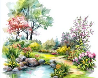 庭の池の水彩画クリップアート – 春の風景イラスト（デジタル
