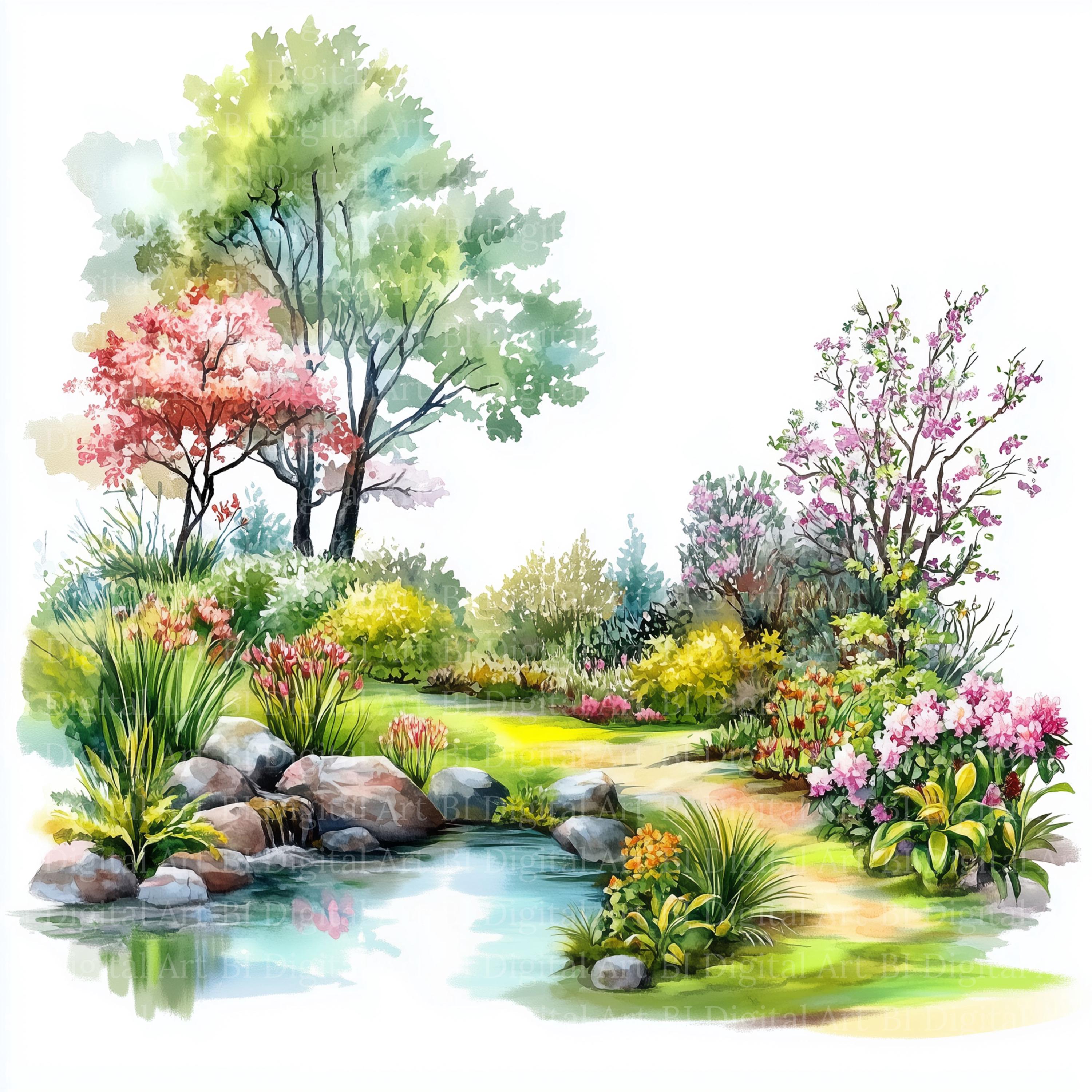 庭の池の水彩画クリップアート – 春の風景イラスト（デジタル