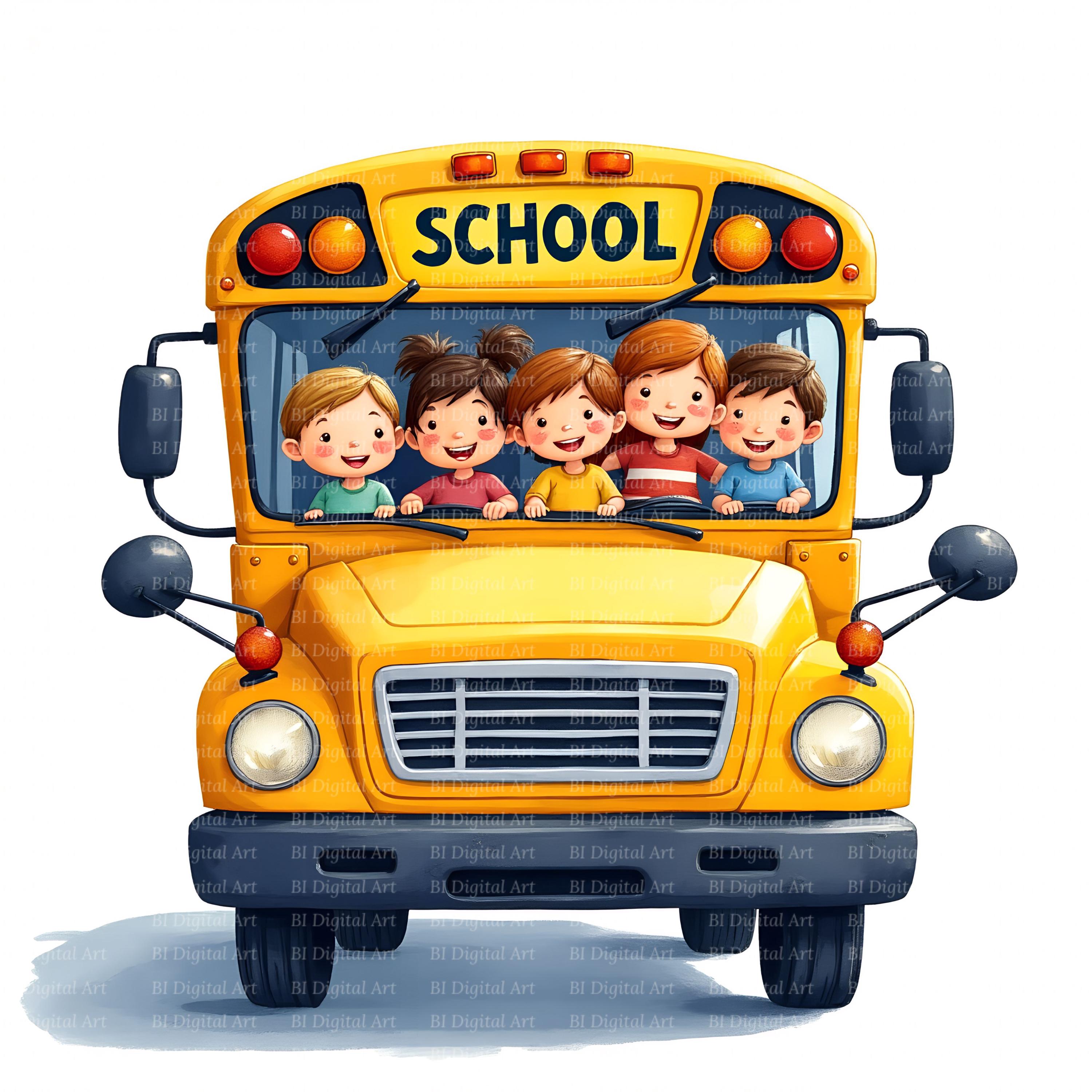 School Bus Clipart, Cheerful Children, Back to School Illustrations