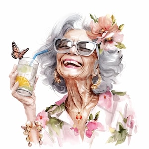 8 Funny Older Woman drinking Cocktail Clipart in Boho Style, Grandma and Cocktail, Printable Watercolor, Digital Download JPG, Junk Journal