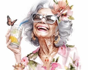 Boho Grandma Cocktail Clipart, Funny Older Woman, Watercolor (Digital Download JPG)
