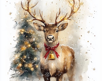 水彩画風クリスマス・トナカイのクリップアート、冬の森の動物