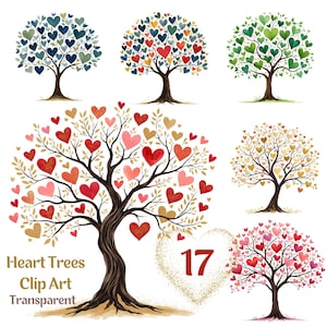 17 images d'arbres en forme de cœurs – Arbre généalogique avec cœurs, arbres aquarelles imprimables, PNG haute résolution | JPG, téléchargement numérique, sublimation et créations papier