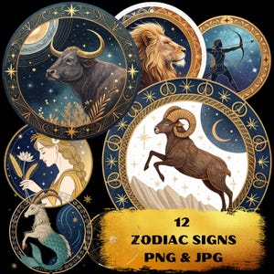 Zodiac Zodiac Clipart-bundel | 12 PNG- en JPG-bestanden | Aquarelhoroscooptekens | Digitale download | Digitale en papieren projecten