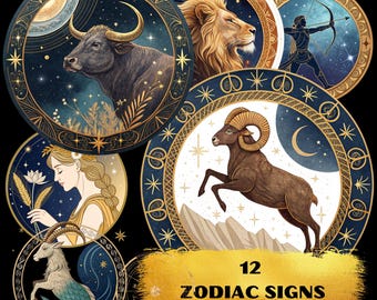 12 Zodiac Signs Clipart Bundle | PNG & JPG Files | Watercolor Zodiac Signs | Horoscope Symbols | Digital Download | Digital and Paper Crafts