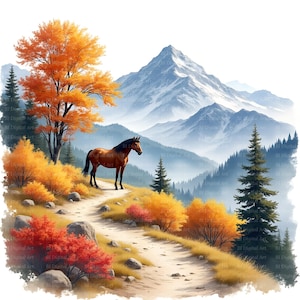 Könnte beinhalten: Ein digitaler Kunstdruck eines braunen Pferdes auf einem Pfad in einer Berglandschaft. Die Szene zeigt einen Pfad, Bäume mit orangefarbenen und roten Blättern und einen schneebedeckten Berg. Der Himmel ist hellblau.