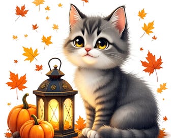 Könnte beinhalten: Eine niedliche graue getigerte Katze mit großen gelben Augen sitzt inmitten von Herbstblättern, Kürbissen und Eicheln. Neben der Katze steht eine schwarze Laterne mit einer brennenden Kerze. Orange und gelbe Ahornblätter sind verstreut.