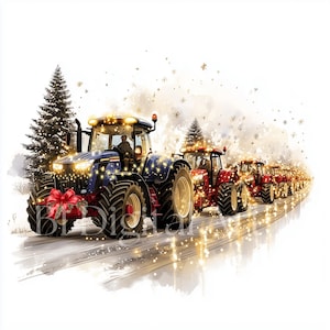 Puede incluir: Una fila de tractores azules y rojos decorados con luces navideñas conducen por un paisaje nevado. Los tractores están adornados con lazos y guirnaldas festivos. La escena recuerda a un desfile navideño.