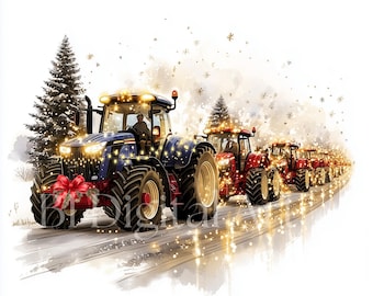 May include: A line of blue and red tractors decorated with Christmas lights drive through a snowy landscape. The tractors are adorned with festive bows and garlands. The scene is reminiscent of a Christmas parade.