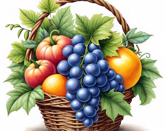Illustrazione ad acquerello di un cesto di verdure, raccolto autunnale (download digitale)