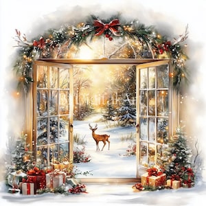 May include: A snowy winter scene viewed through an open window decorated with a garland of evergreen branches and red bows.  The window is framed by a white wall and there are wrapped gifts on the floor below the window.  A deer stands in the snow-covered forest beyond the window.