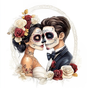 Tag der Toten Hochzeits-Clipart, Dia De Muertos Paar Clipart, Sugar Skull Braut & Bräutigam Digitale Kunst, JPGs, PNGs , digitaler Download