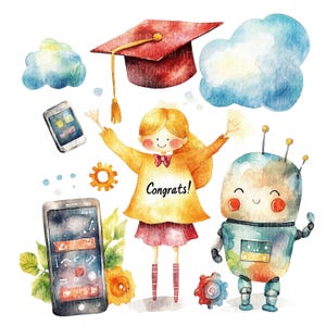 10 cliparts de remise de diplôme, dessins aquarelles de félicitations imprimables, modèles de bricolage de remise de diplôme (JPG), téléchargement numérique, scrapbooking, journal intime