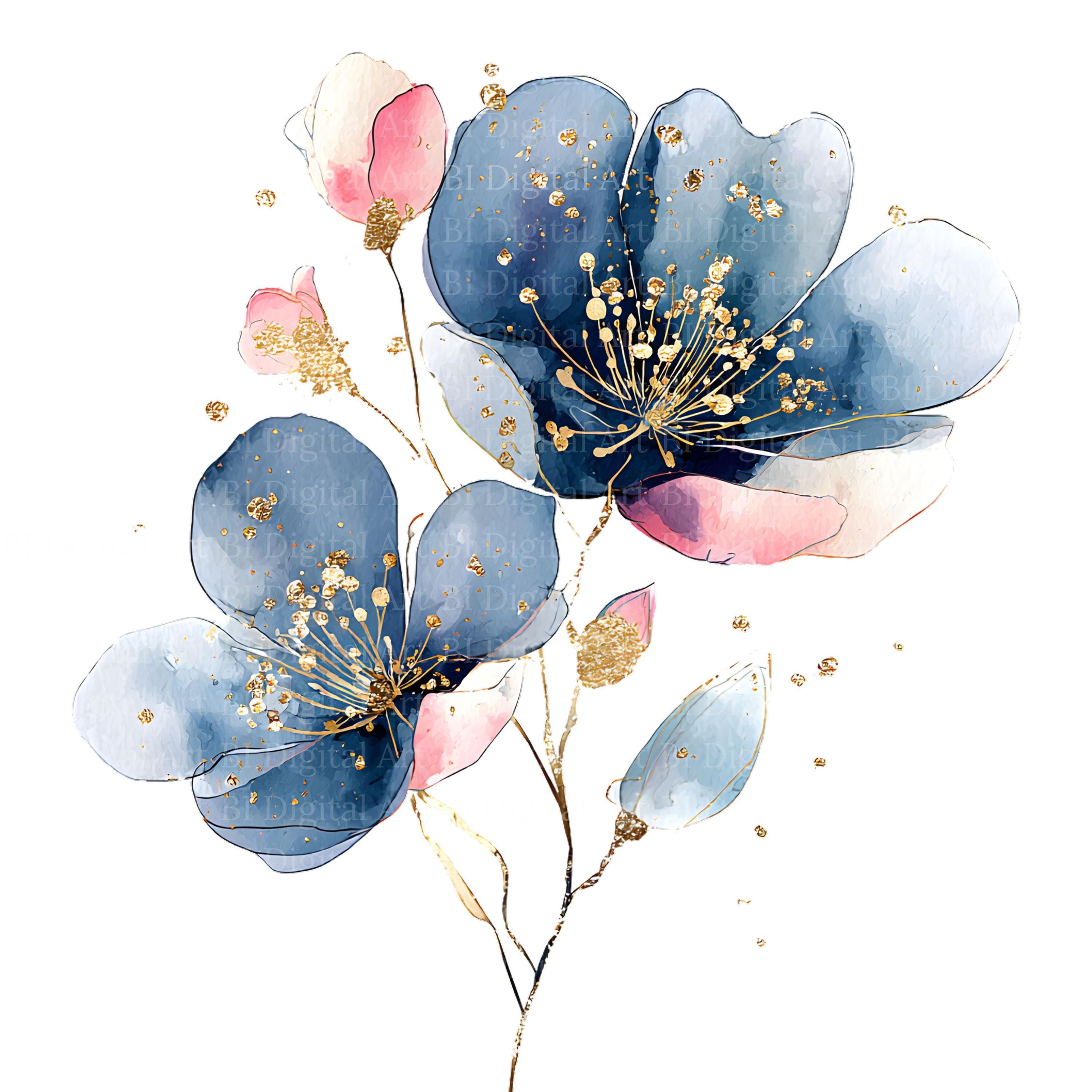 水彩画 アート 花の絵 抽象的な水彩画風の花のクリップアート、青、ピンク、金色（デジタル