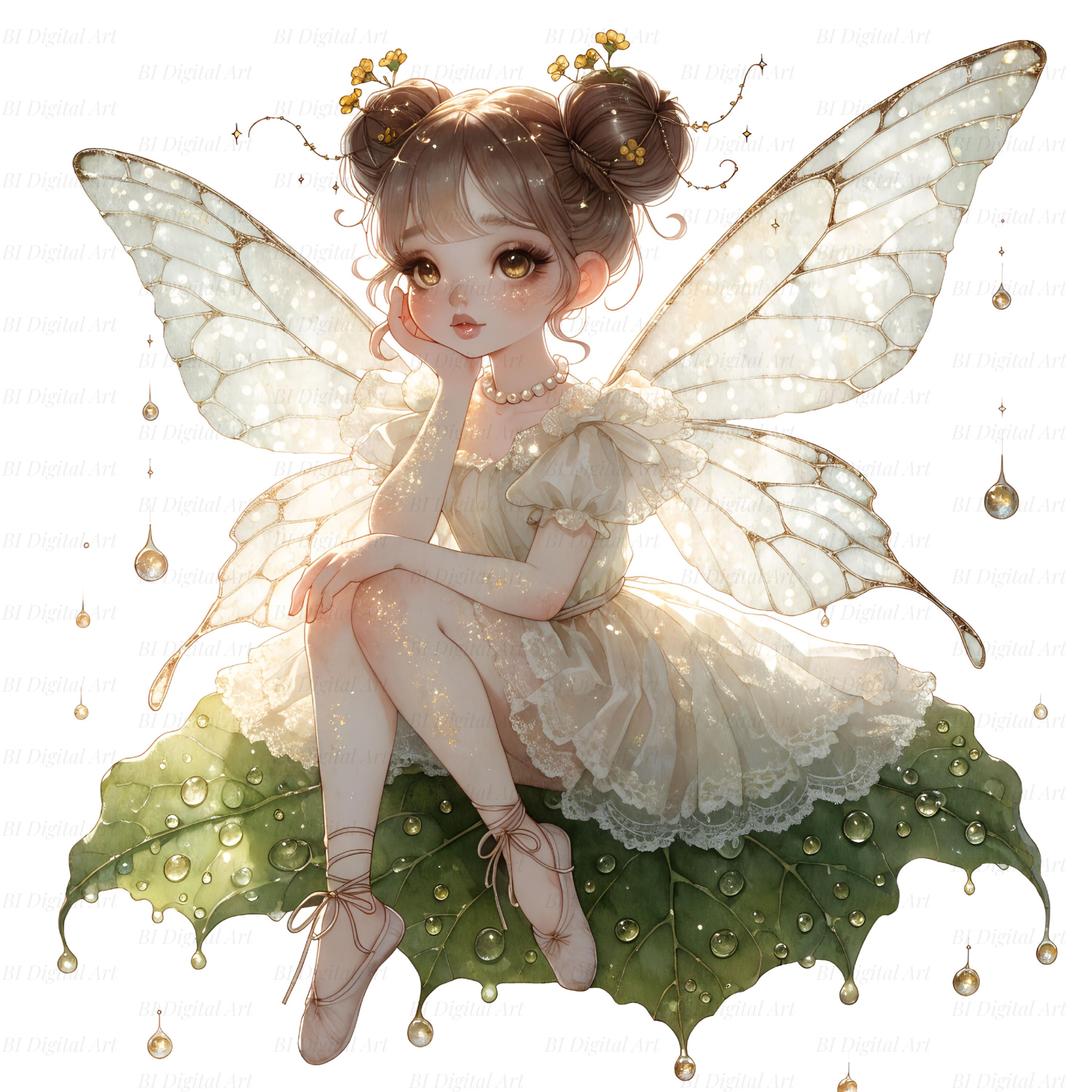 10 Garden Fairy Clipart, Cute Fairy Sitting on Leaf, Watercolor Flower ...