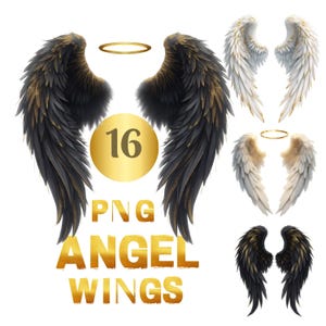 Op de afbeelding: Digitale kunst met engelenvleugels in zwart, wit en goud. De afbeelding bevat een gouden halo en de tekst "16 PNG ANGEL WINGS" in gouden letters. De vleugels hebben gedetailleerde veertjes textuur.
