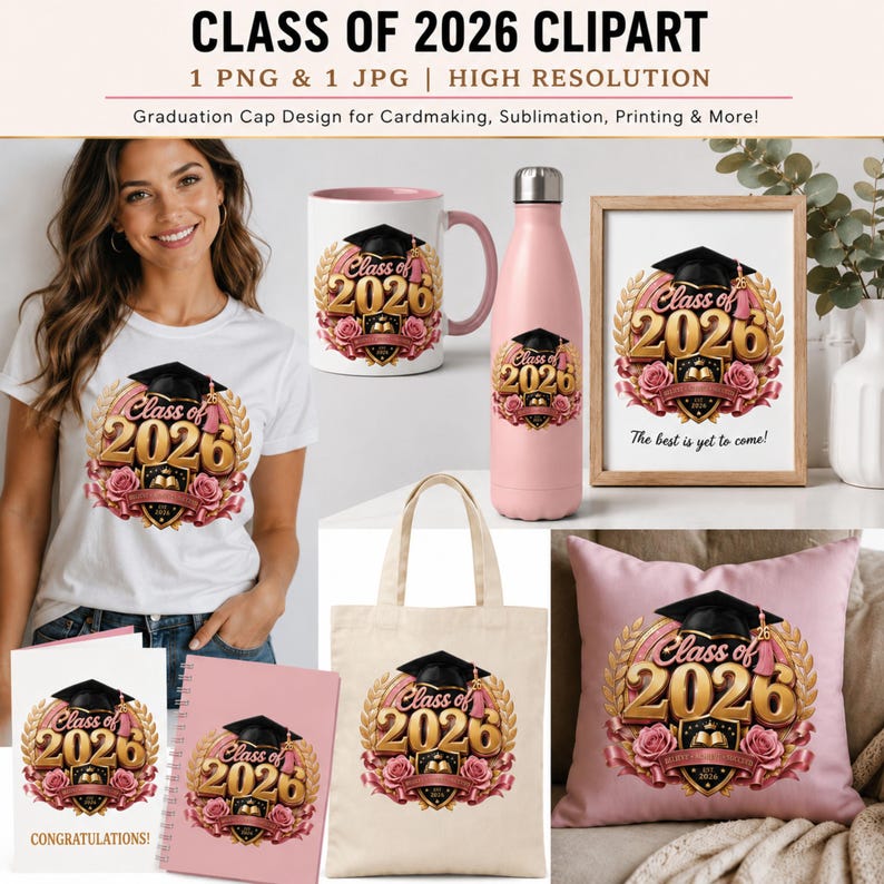Class of 2026 Graduation Cap Clipart – Gold Roses, Pink Ribbon Design ...