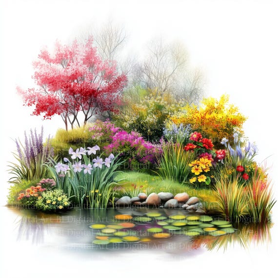 庭の池の水彩画クリップアート – 春の風景イラスト（デジタル