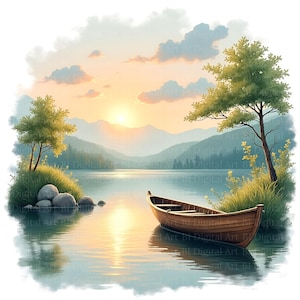 Könnte beinhalten: Aquarellmalerei einer ruhigen See-Szene bei Sonnenuntergang. Ein hölzernes Ruderboot schwimmt auf dem ruhigen Wasser und spiegelt die warmen Farben des Himmels wider. Saftig grüne Bäume und grasbewachsene Ufer umrahmen den See, mit Bergen im Hintergrund.