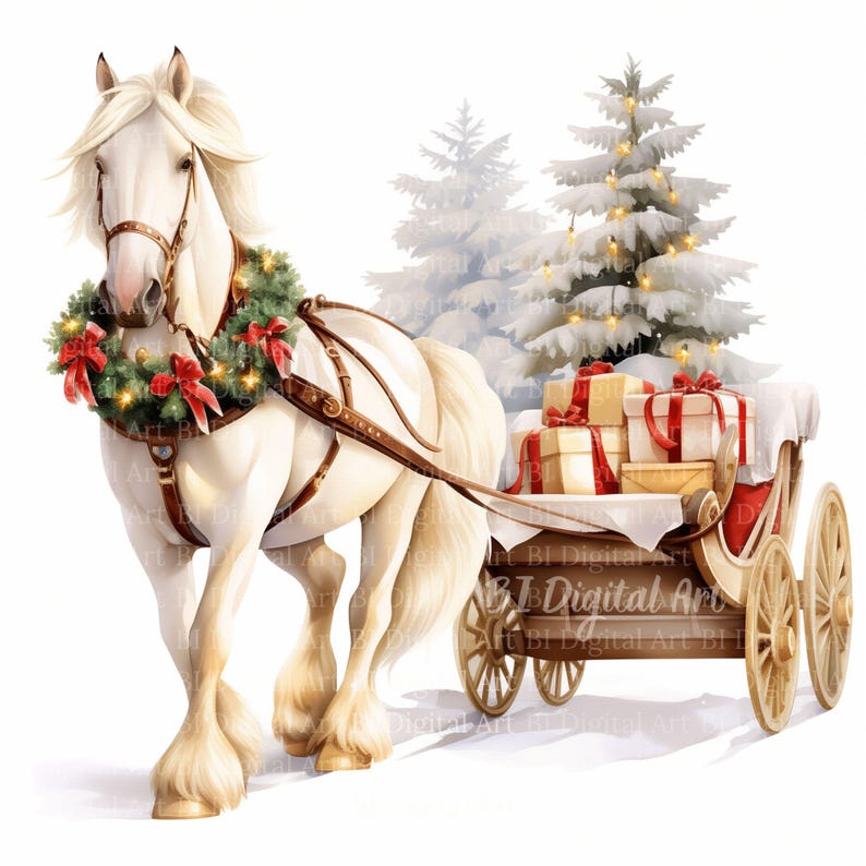 Watercolor Christmas Horse Sleigh Clipart – Winter Landscape (digital ...