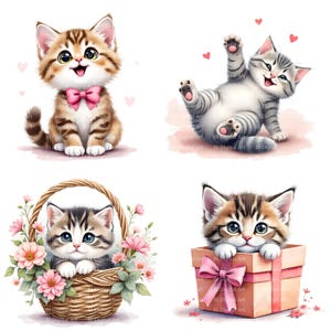 Puede incluir: Cuatro ilustraciones de gatitos adorables. Uno lleva una pajarita rosa, otro está jugando, un tercero está en una cesta de flores y el último está en una caja de regalo con un lazo rosa. El fondo es blanco con corazones rosas.