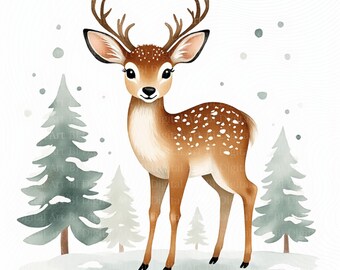 クリスマス鹿のクリップアートセット、水彩画風イラスト（デジタル