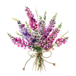 Op de afbeelding: Waterverfillustratie van een boeket paarse en roze bloemen, vastgebonden met touw. De bloemen hebben groene bladeren en stelen. Het boeket is geschilderd in tinten paars, roze en groen tegen een witte achtergrond.