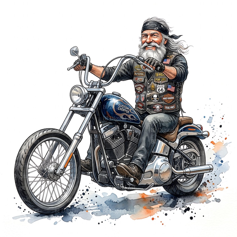 Retro Biker Clipart, Chopper Motorcycle Rider, Watercolor Bearded Biker ...