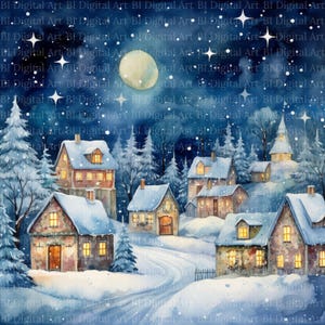 Winterliches Weihnachtsdorf in Aquarell.
Dieses stimmungsvolle Weihnachtsdorf-Set zeigt sieben liebevoll gestaltete Winterlandschaften mit verschneiten Häusern, leuchtenden Fenstern, hohen Tannen und einem ruhigen nächtlichen Himmel. Die warmen Lichtquellen, die geschwungenen Wege und die sanften Schneeflocken schaffen eine harmonische, festliche Atmosphäre – ideal für kreative Weihnachtsprojekte.